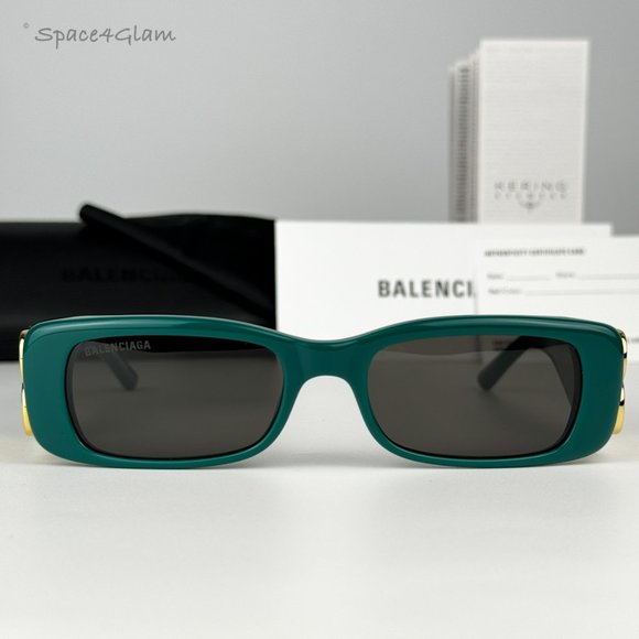 NEW Balenciaga BB0096S 006 Green Gold Logo Grey Rectangle Unisex Sunglasses - Picture 4 of 14